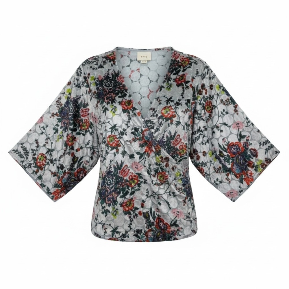 Maeve Wrap Top Womens Medium Gray Floral Burnout Velvet Silk Blend Kimono Blouse
